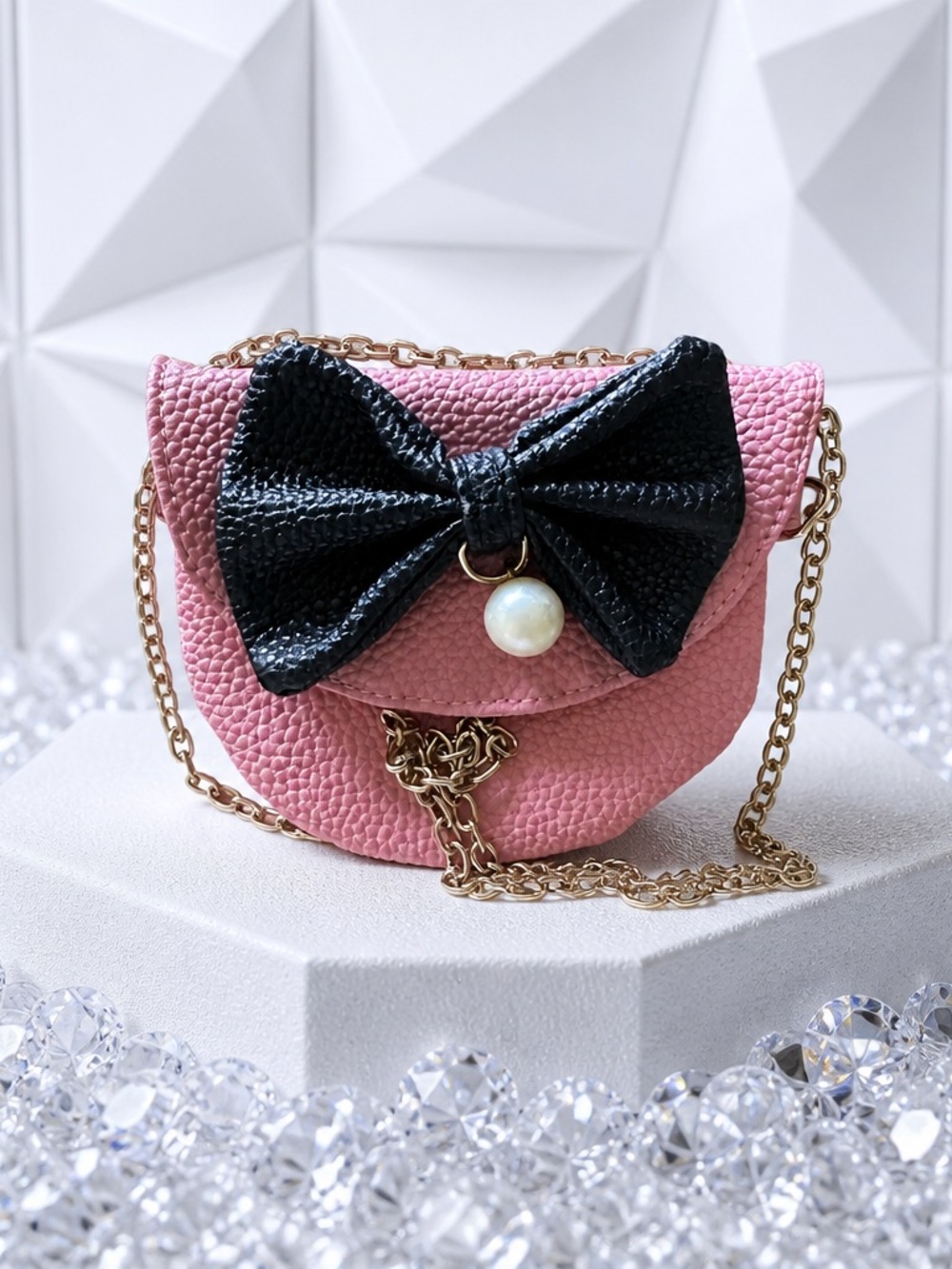 MWOT Doe A Dear Girls Pink Vegan Leather Mini Crossbody Black Bow & Pearl Accent
